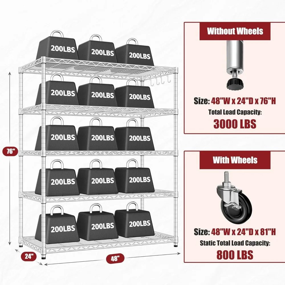 5 Tier 48″ Wx24”Dx81”H Wire Shelving with Wheels 3000lbs NSF Certified Storage Shelves Heavy Duty Metal Shelf, Customized