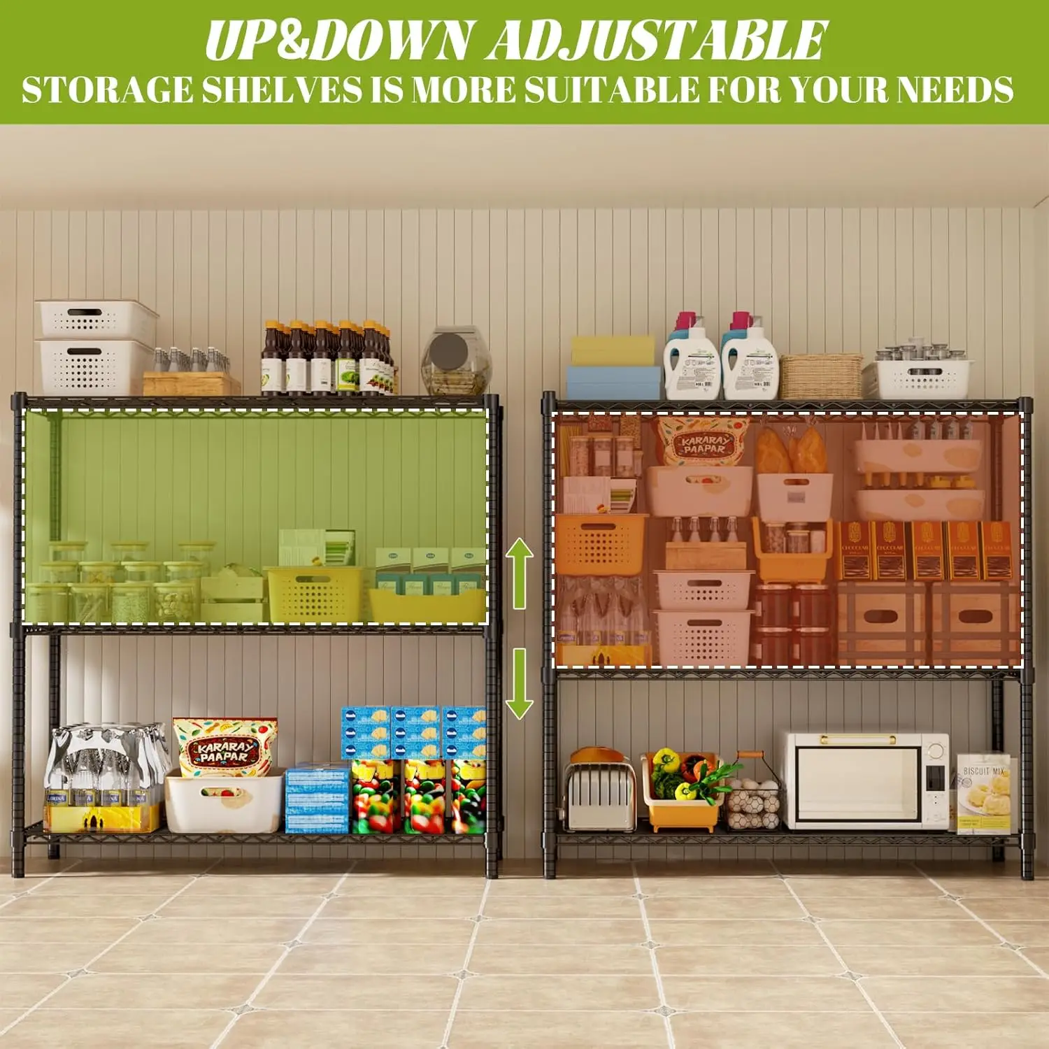 Storage Shelves, 48″ L x 20″ W x 47″ H Heavy Duty Garage Wire Shelving Unit Loads 1200LBS, 3-Tier Adjustable Metal, Customized