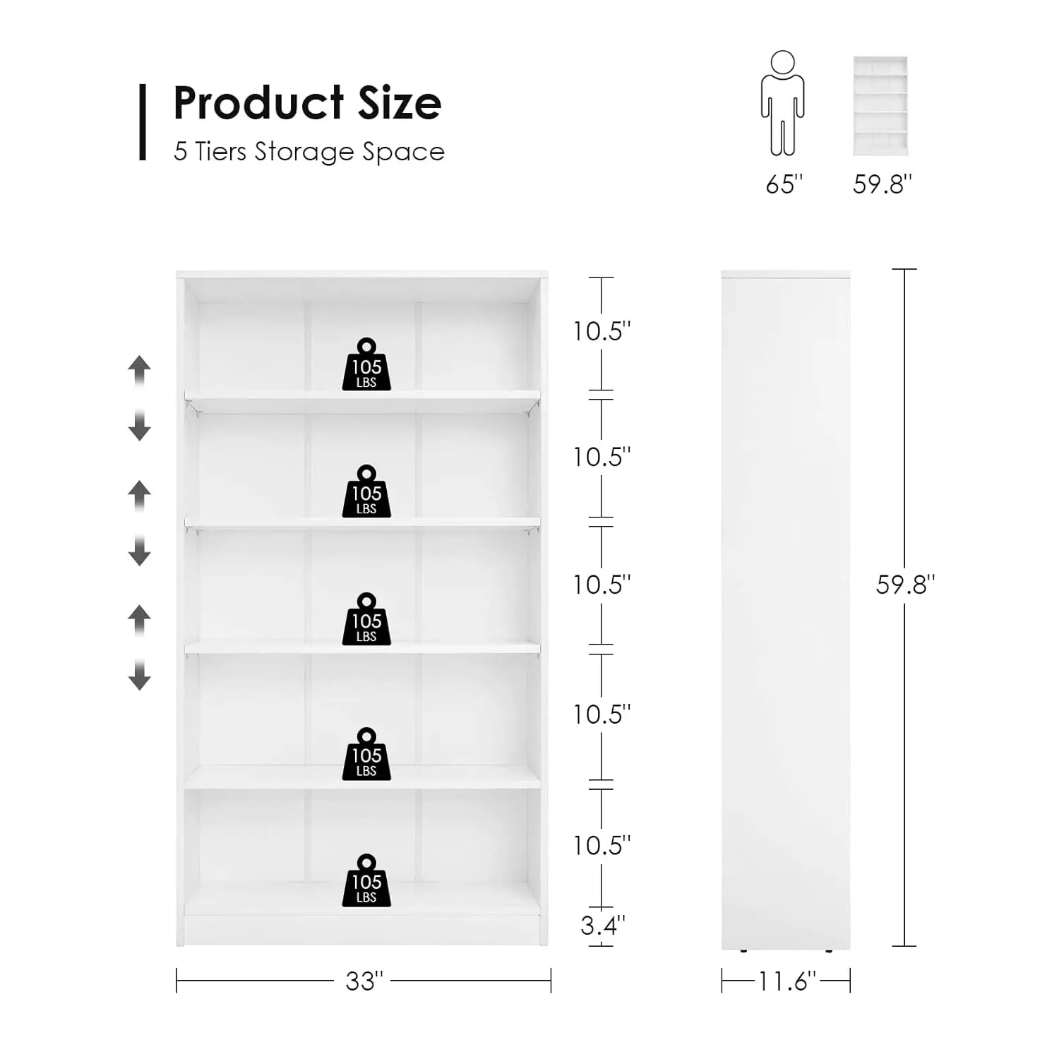 White Bookshelf for Bedroom 5 Shelf Office Bookcase 60 Inches Tall Modern Wood Bookshelf for Living Room 5 Tier, Customized