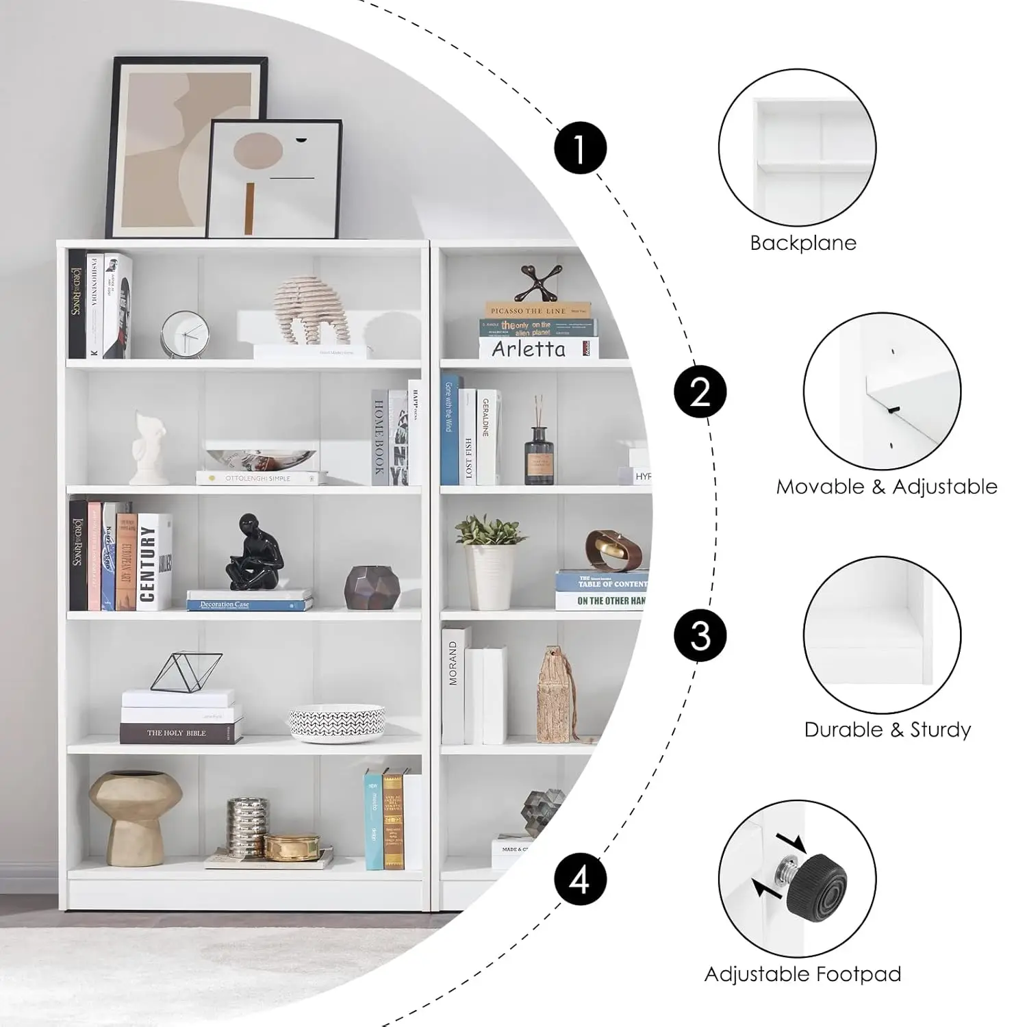 White Bookshelf for Bedroom 5 Shelf Office Bookcase 60 Inches Tall Modern Wood Bookshelf for Living Room 5 Tier, Customized