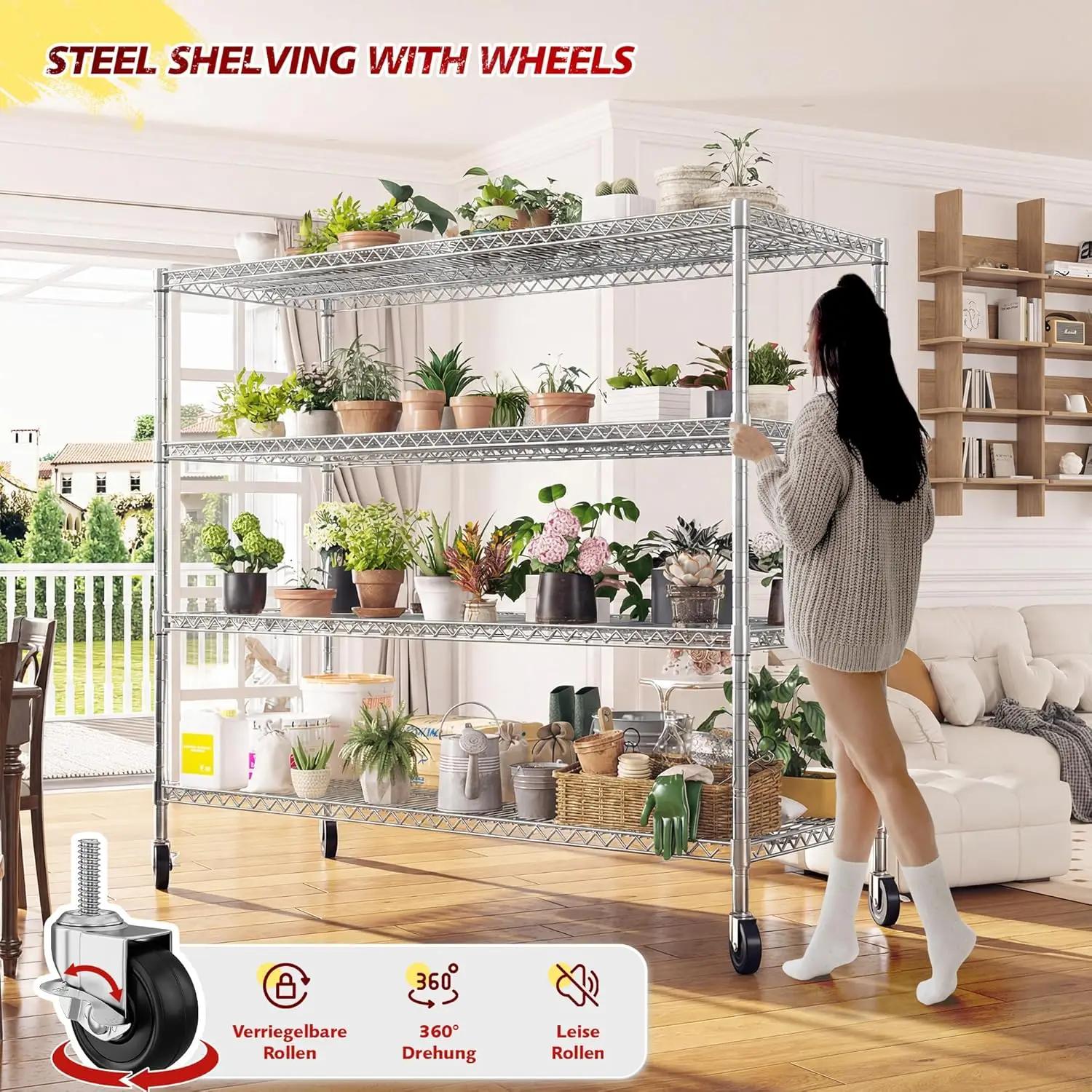 75.6″ H Storage Shelves 2500LBS Garage Shelving Unit with Wheels Metal Shelving Heavy Duty Wire Shelves for Storage, Customized