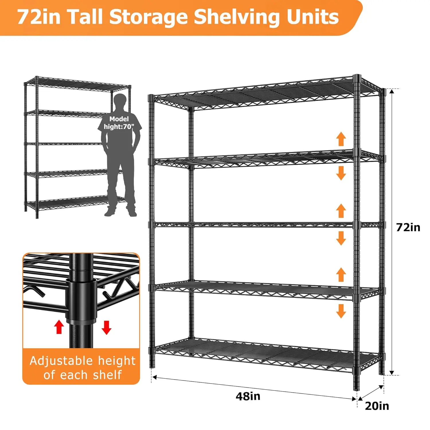 Storage Shelves Heavy Duty, 2 PCS 48″ L x 20″ W x 72″ H Garage Wire Shelving Unit Loads 2000LBS, 5-Tier Adjustable, Customized