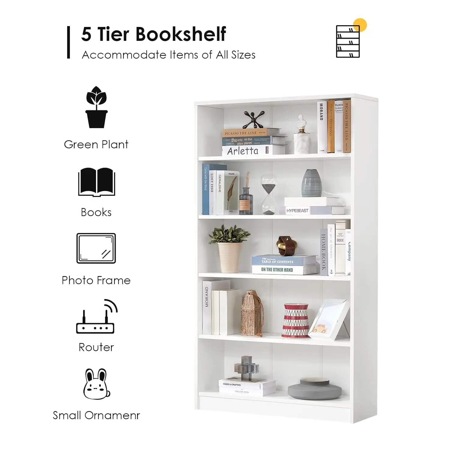 White Bookshelf for Bedroom 5 Shelf Office Bookcase 60 Inches Tall Modern Wood Bookshelf for Living Room 5 Tier, Customized